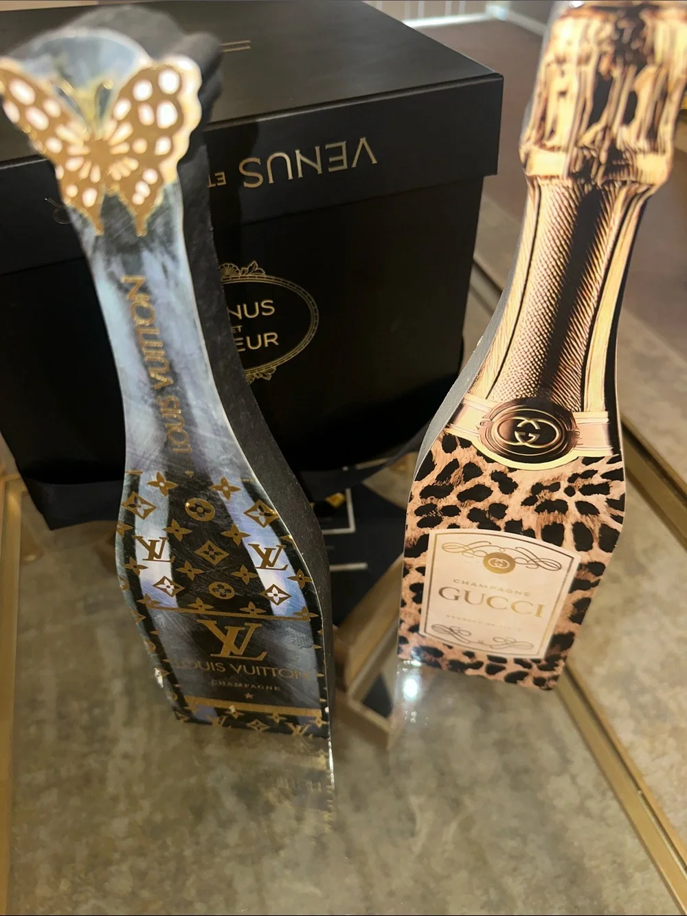 CHANEL Gucci LV Black Leather High Heel Figurine with Gold Logo